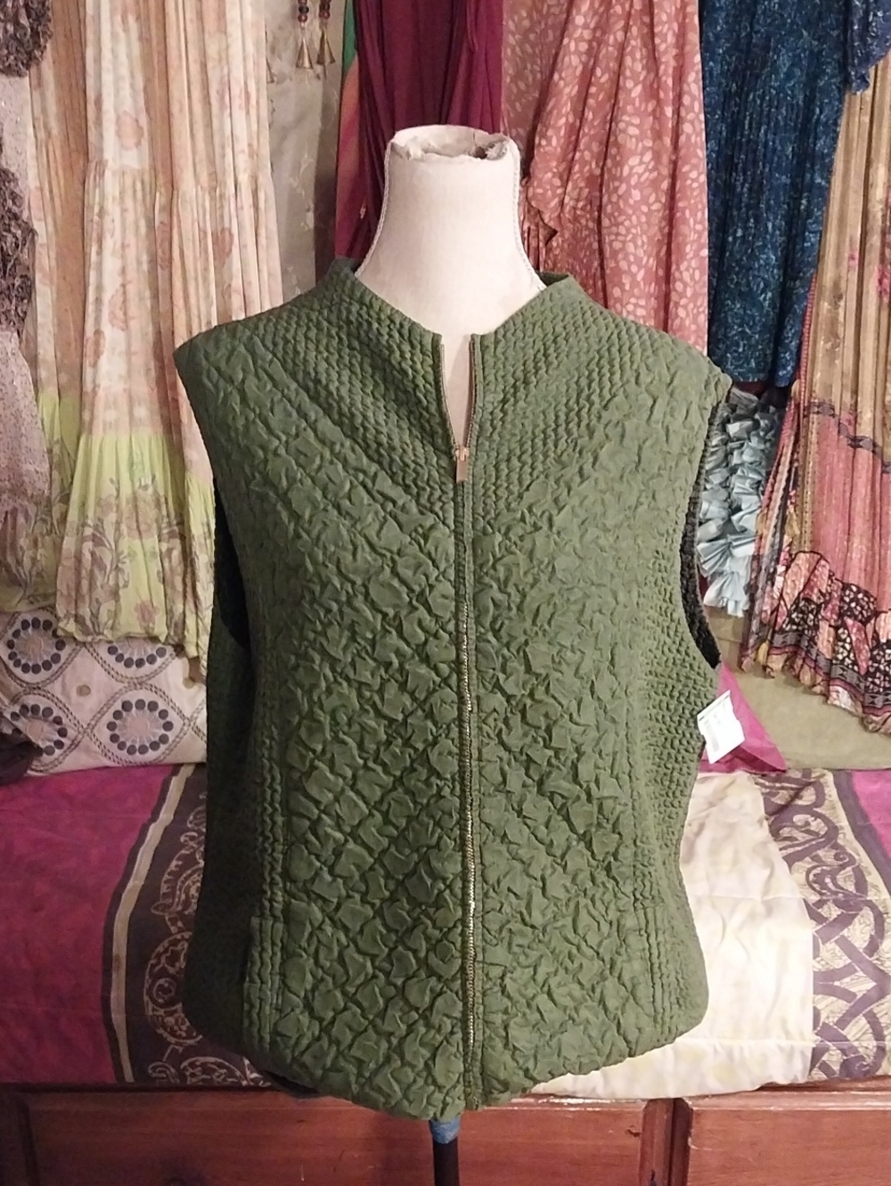 Flair Olive Green Quilted Knit Zip-Front Vest